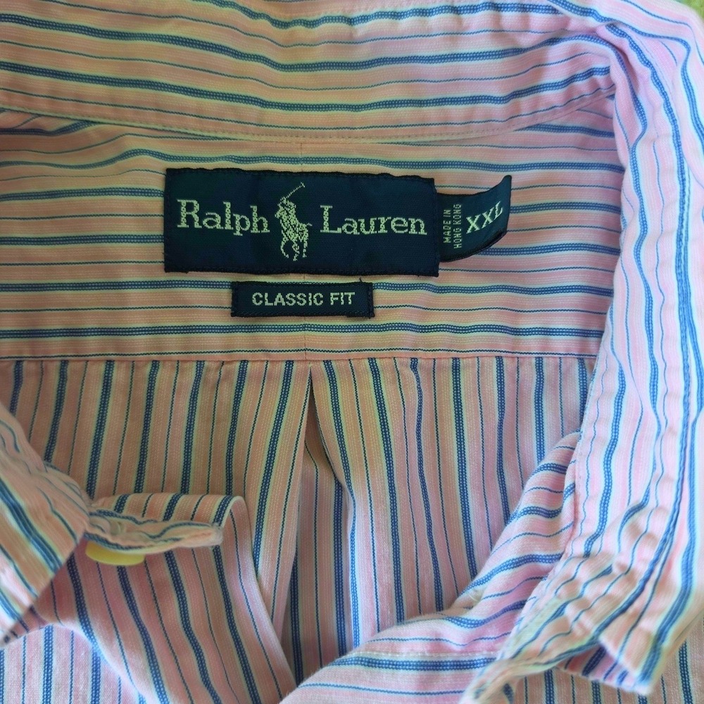 Vintage Ralph Lauren Mens Button Down Shirt Pink Blue Striped Classic Fit XXL - Picture 4 of 6